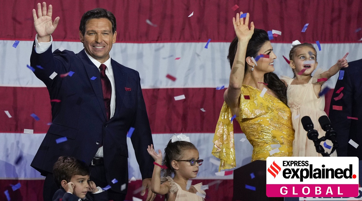Incumbent Florida Republican Gov. Ron DeSantis, his wife Casey and their children on stage after speaking to supporters at an election night party after winning his race for reelection in Tampa, Fla., Nov. 8, 2022.