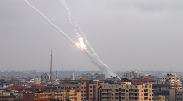 Rockets are fired from Gaza into Israel, in Gaza