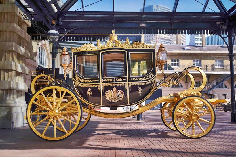 The Diamond Jubilee State Coach on display at the Royal Mews in Buckingham Palace, London