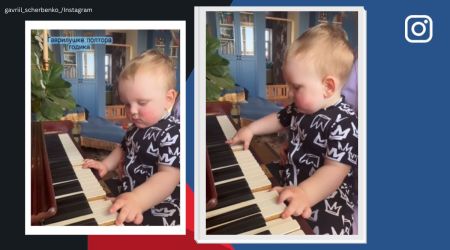 One and a half year old boy plays piano