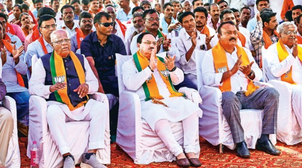 BJP president J P Nadda in Honnali, Karnataka. PTI