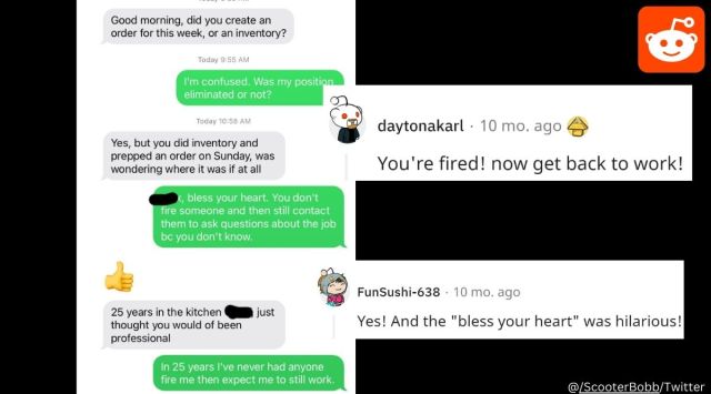 Man fired from job, then former boss asks him about something related to work