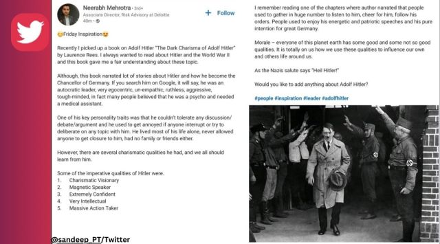 Man working for Deloitte praises Hitler in LinkedIn post