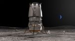 artist's illustration of a blue origin blue moon lander on the moon with two astronauts standing near it