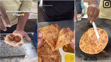 Street vendor in Agra prepares gulab jamun paratha
