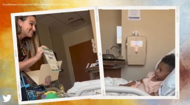 Teacher presents awards to boy at hospital