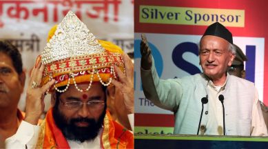 Maharashtra Chief Minister Eknath Shinde (left) in Ayodhya last month, and former state governor Bhagat Singh Koshyari (right) at an event last year.