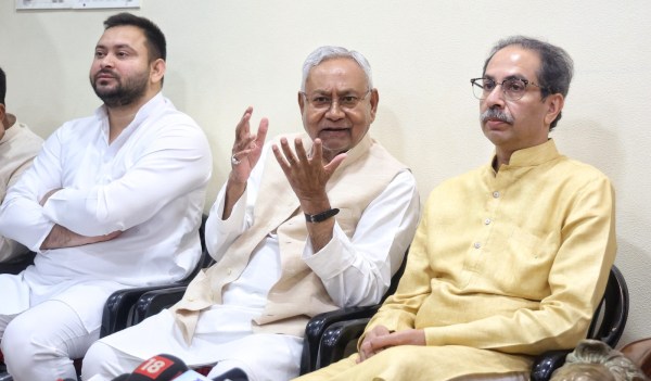 Nitish Kumar , Tejasvi Yadav at Uddhav Thackeray's residence on Thursday afternoon. (Express Photo by Amit Chakravarty)