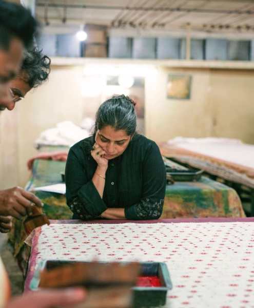 Anavila Misra with a block printing artisan in Gujarat