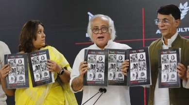 Congress leader Jairam Ramesh with Pawan Khera and Supriya Shrinate