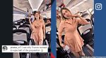 Woman dances on a flight as other passengers wait in aisle