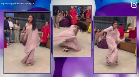 Woman makes hip hop moves in saree
