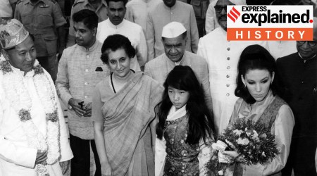 Sikkim King Palden Thondup Namgyal being welcome by Prime Minister Smt. Indira Gandhi, Mayor of Delhi and Union Ministers and Senior officials at Palam Airport on September 7, 1967. (Express archive photo)