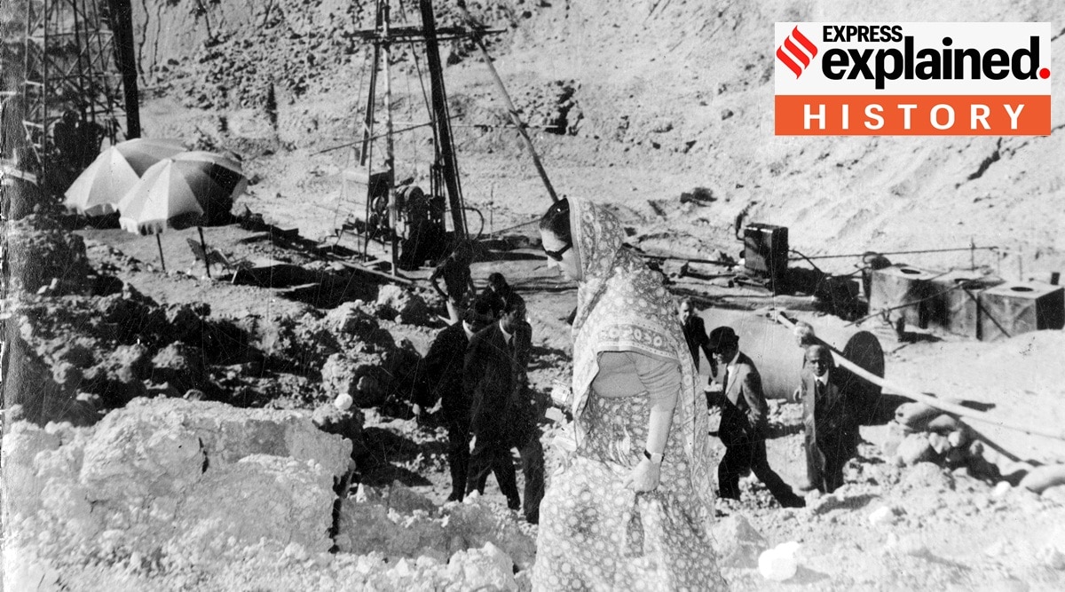 Prime Minister Indira Gandhi visits the site of the nuclear explosion at Pokhran in Rajasthan on 22.12.1974.