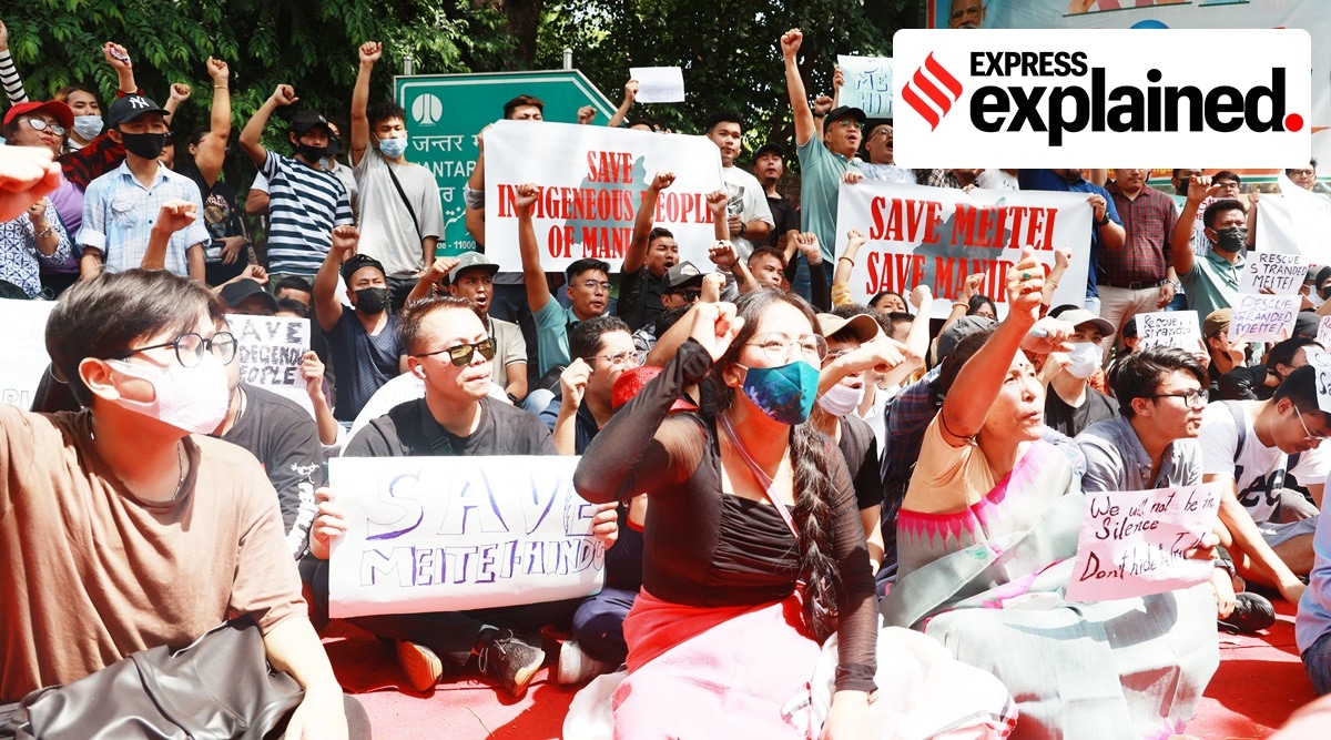 People from Manipur raise slogans during their protest against the ongoing violence in Manipur, at Jantar Mantar in New Delhi, Saturday, May 6, 2023.