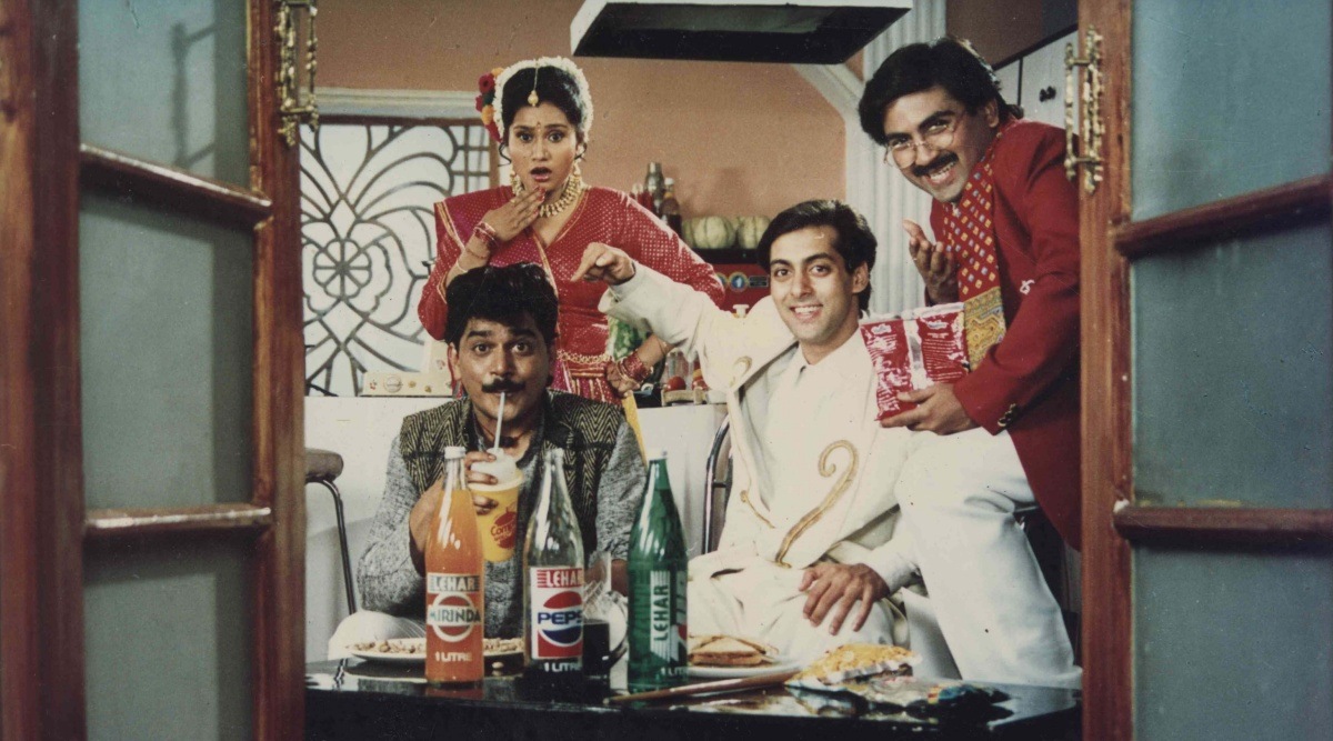 Laxmikant Berde, Priya Arun, Salman Khan and Dilip Joshi in Hum Aapke Hain Koun. (Express Archive)
