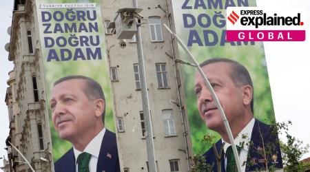 Election campaign posters of Turkish President Tayyip Erdogan