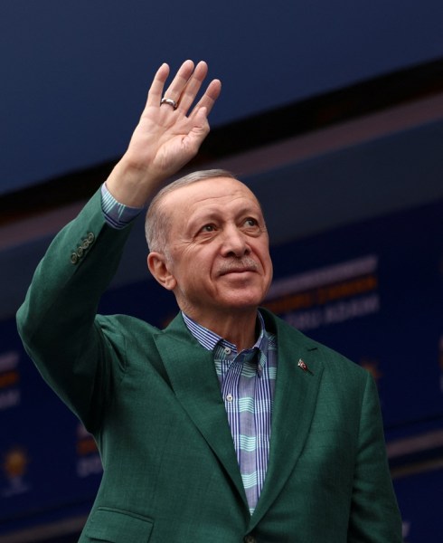Turkish President Tayyip Erdogan greets supporters during a rally ahead of presidential and parliamentary elections on May 14, 2023 in Ankara, Turkey. 