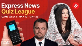 news quiz contest banner showing aishwarya rai, dicaprio and a hand holding a nokia handset phone