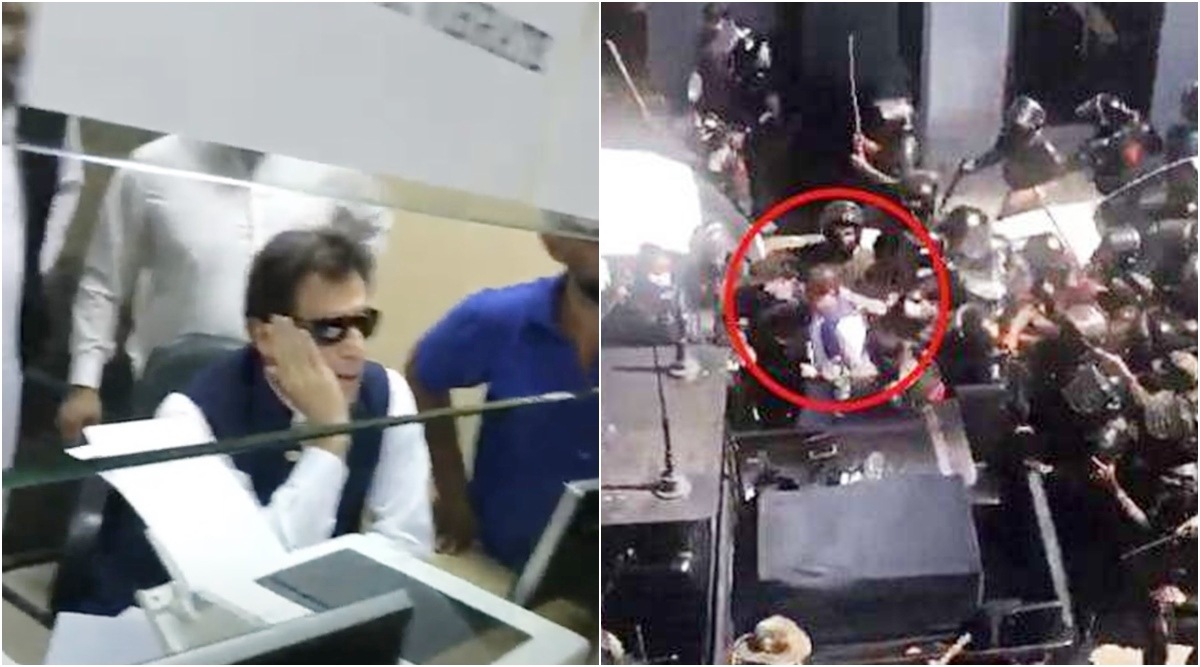 Ex-Pakistan Prime Minister Imran Khan seen before and after his arrest at Islamabad court premises on May 9, 2023. (Screengrab from Reuters video)