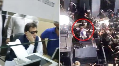 Ex-Pakistan Prime Minister Imran Khan seen before and after his arrest at Islamabad court premises on May 9, 2023. (Screengrab from Reuters video)