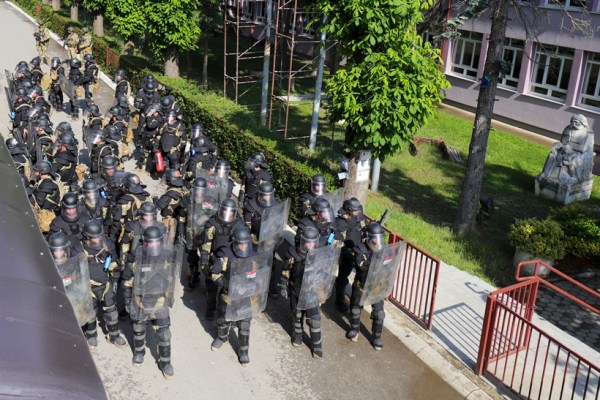 Hungarian soldiers serving in the NATO-led peacekeeping force KFOR guard a municipal building in the town of Zvecan, northern Kosovo, Monday, May 29, 2023. (AP)