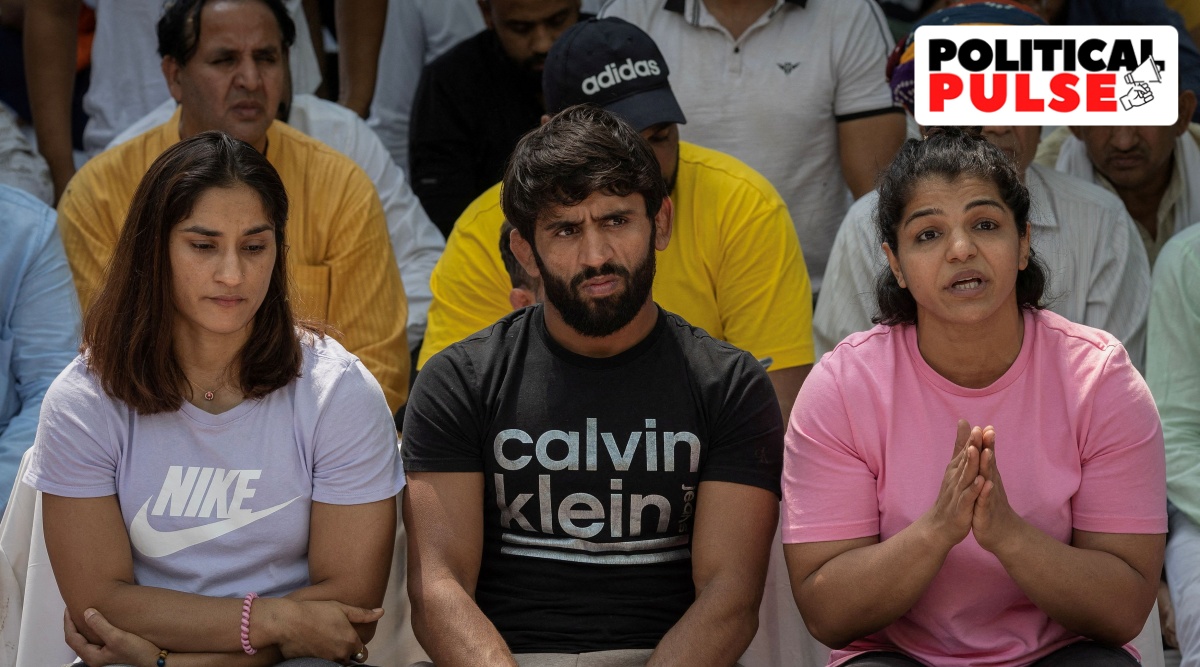 Indian wrestlers take part in a sit-in protest demanding arrest of WFI chief, who they accuse of sexually harassing female players, in New Delhi