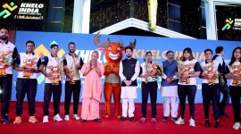 Khelo India University Games Uttar Pradesh 2023, official logo launch, Yogi Adityanath, athletes, sports, Anurag Thakur, environment, indian express, indian express news