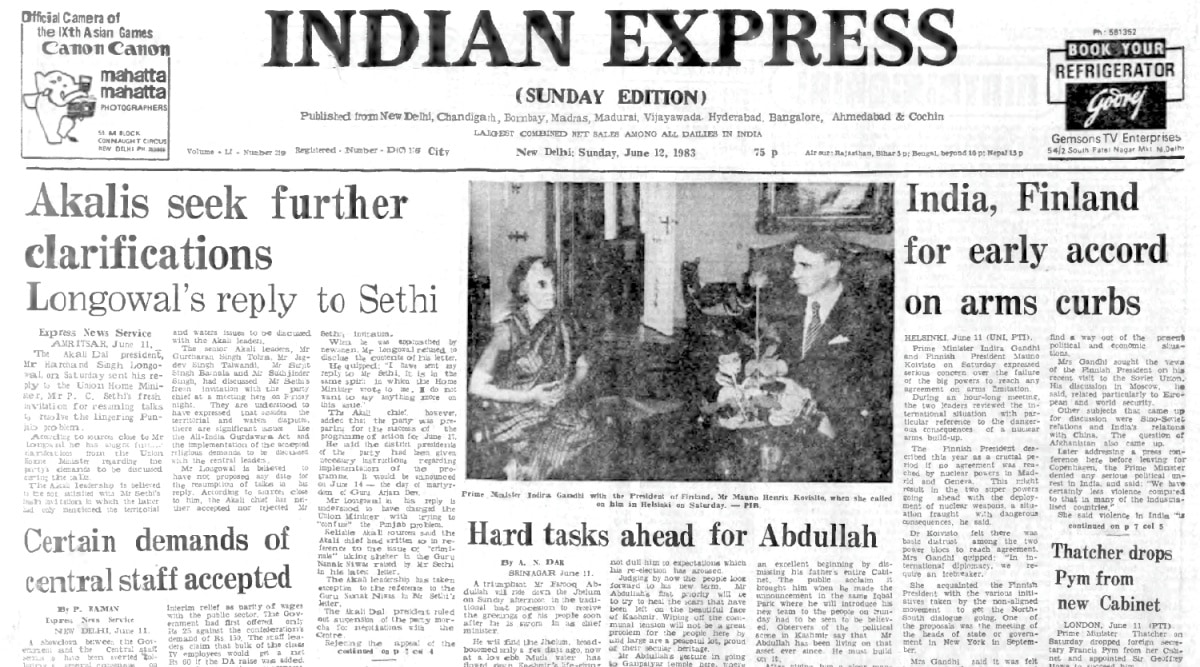 Akali Dal president, Harchand Singh Longowal, Nuclear agreement, Indira Gandhi, Finland, Farooq Abdullah, G D Birla no more, Indian express, Opinion, Editorial, Current Affairs