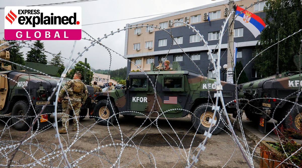 U.S. members of the NATO-led Kosovo Force (KFOR) stand guard outside municipal offices in Leposavic, Kosovo, June 2, 2023.
