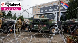 U.S. members of the NATO-led Kosovo Force (KFOR) stand guard outside municipal offices in Leposavic, Kosovo, June 2, 2023.