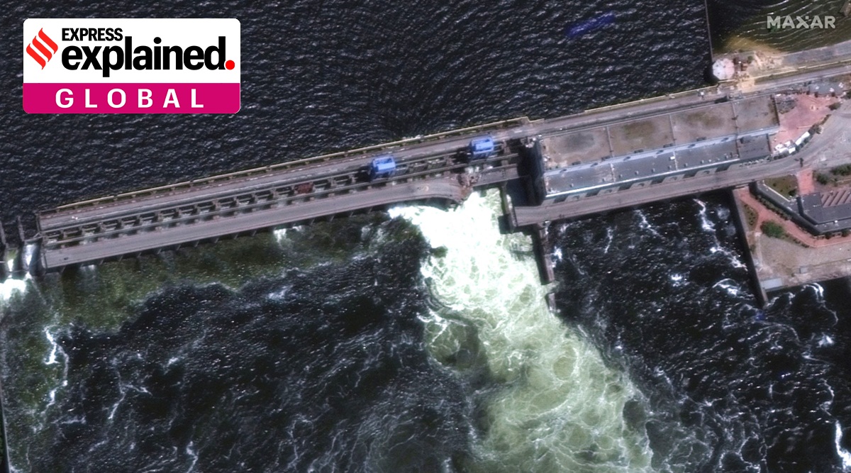 A satellite image shows Nova Kakhovka Dam in Ukraine's Kherson region.