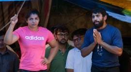 Wrestlers Bajrang Punia and Sakshi Malik during a press conference at Jantar Mantar in new Delhi. File