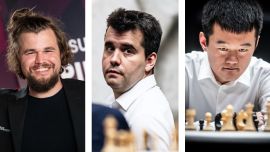 Magnus Carlsen (left), Ian Nepomniachtchi and Ding Liren