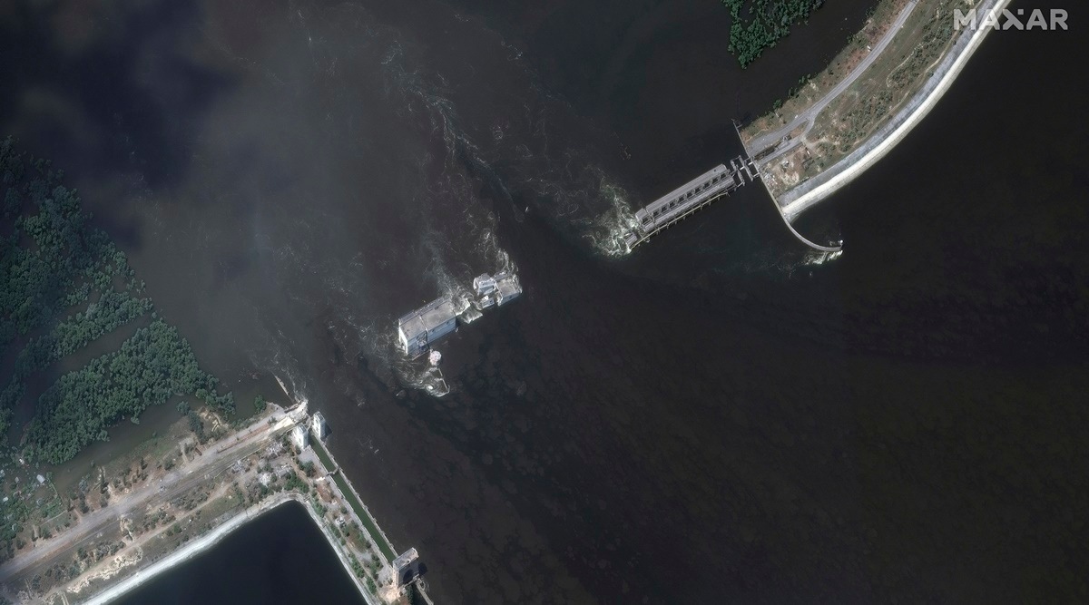 This image provided by Maxar Technologies shows Kakhovka dam and station in Ukraine after collapse, on June 7. (Satellite image ©2023 Maxar Technologies via AP)