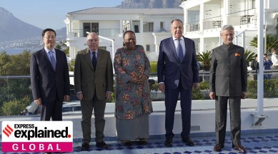 (From left) Foreign Ministers Qin Gang (China), Mauro Vieira (Brazil), Naledi Pandor (South Africa), Sergey Lavrov (Russia) and S Jaishankar (India) at a meeting in Cape Town, South Africa, on Thursday. (AP)