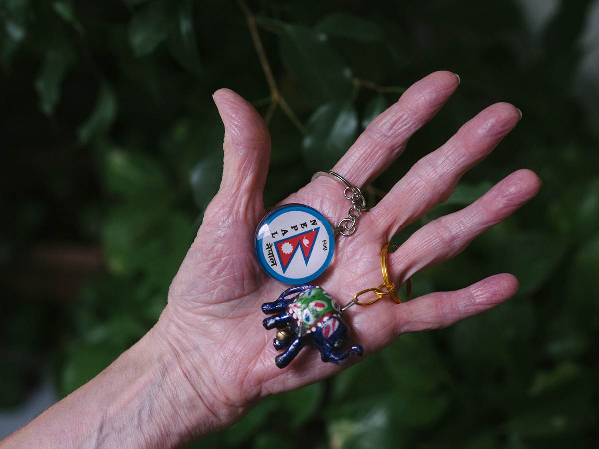 Key chains collected by Ellie Hamby and Sandy Hazelip, who traveled around the world together, at Ellie’s home in Abilene, Texas, on May 22, 2023. (Christopher Lee/The New York Times)