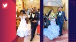 Groom scrolls phone while walking down the aisle with bride