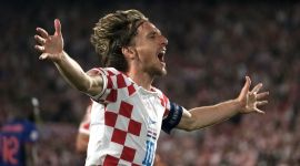 Croatia's Luka Modric celebrates after scoring.