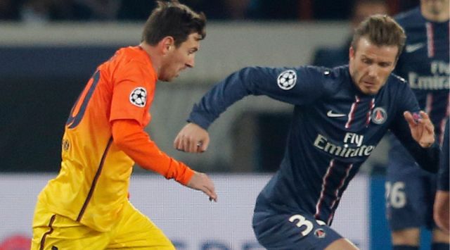 Barcelona's Lionel Messi and Paris Saint Germain's David Beckham