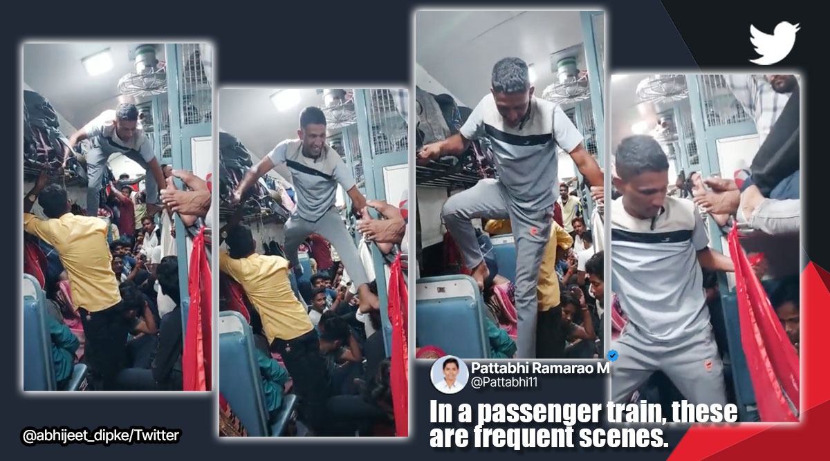 Man travelling in jampacked general coach makes way to toilet by climbing on berths. Watch - Vimarsana News