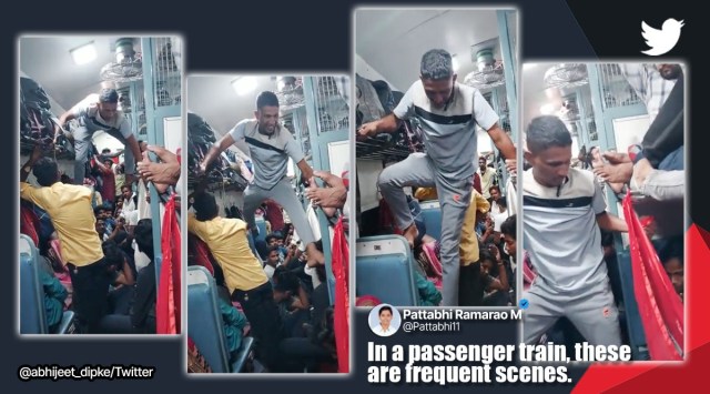 Man travelling in jampacked general coach makes way to toilet by climbing on berths, Devagiri Express, Aurangabad to Mumbai, viral, trending, indian express