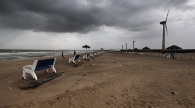 Mandvi beach in Kutch district Wednesday. Cyclone Biparjoy is set to make landfall near Jakhau Port in Kutch district on Thursday evening, IMD said. Nirmal Harindran