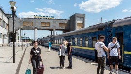 The train station on Tuesday, June 6, 2023 in Mykolaiv, Ukraine, as the city prepares for evacuees to arrive from flooded areas along the Dnieper River. (Brendan Hoffman/The New York Times)