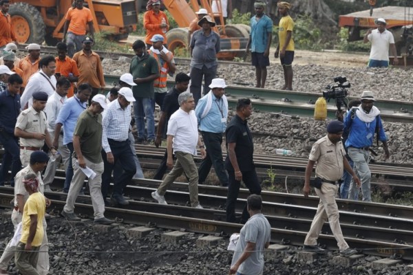 Union Railway minister Ashwini Vaishnaw overseeing the restoration work at the accident spot in Balanaga village in Odisha's Balasore district.