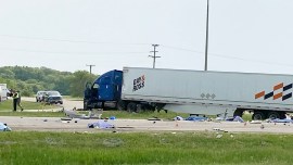 This photo shows the scene of a major collision that has closed a section of the Trans-Canada Highway near Carberry, Manitoba on June 15, 2023. (AP)