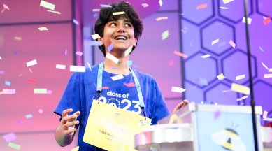Dev Shah, 14, from Largo, Florida, reacts as he wins the Scripps National Spelling Bee finals, June 1, 2023, in Oxon Hill, Md. (AP)