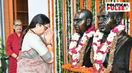 Union Minister Smriti Irani pays tribute to Syama Prasad Mukherjee on his death anniversary, in New Delhi on Friday.