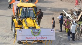 Sanatani buldozer written on JCB bucket