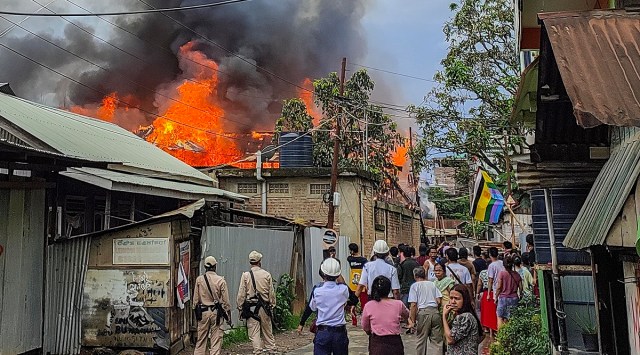 Unidentified miscreants torch two houses belonging to a particular community to retaliate the killing of nine civilians by Kuki militants, in Manipur, Jun 15, 2023. (PTI)